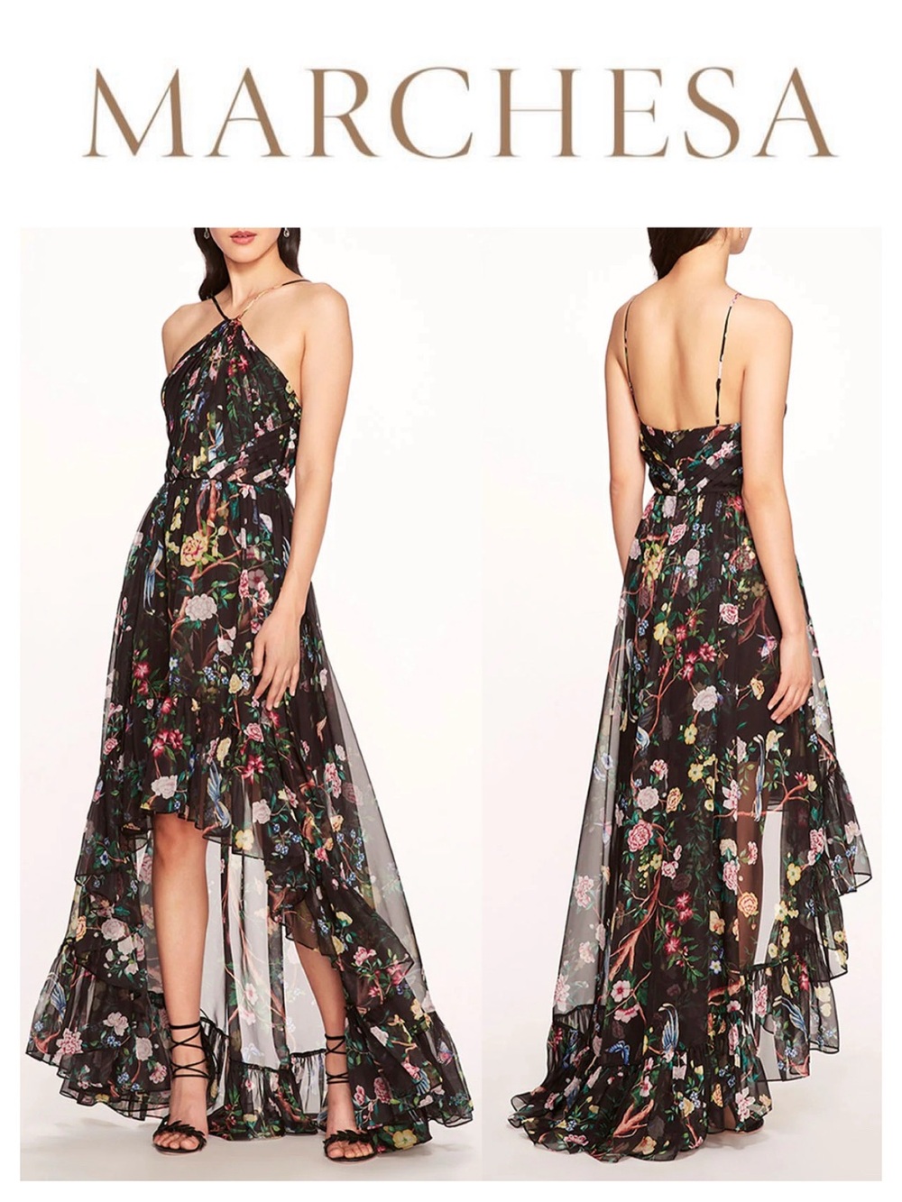 MARCHESA NOTTE Flowering Halter High-Low Gown